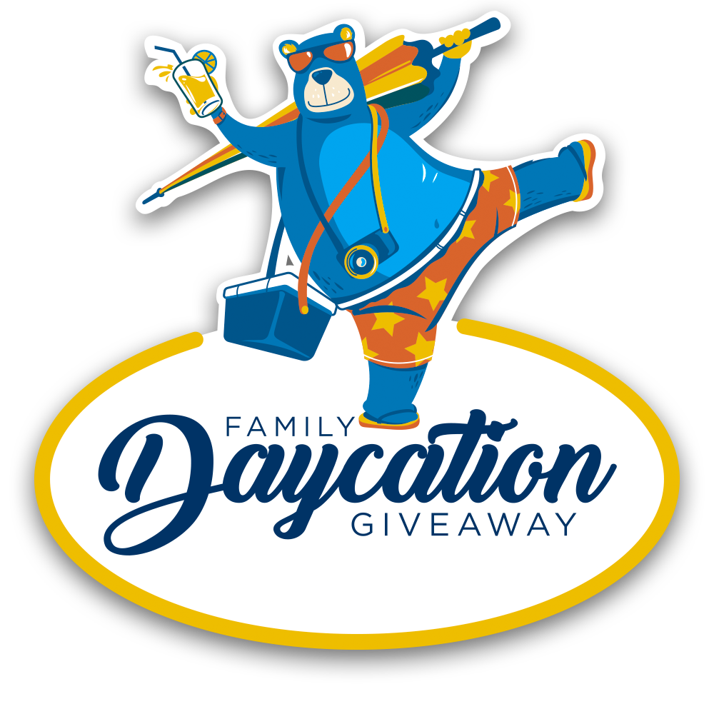 Family Daycation Giveaway logo showing a bear dancing with a beach umbrella, lemonade, a camera and drink cooler