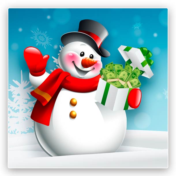 Image of a snowman waving and holding a box of money as a gift