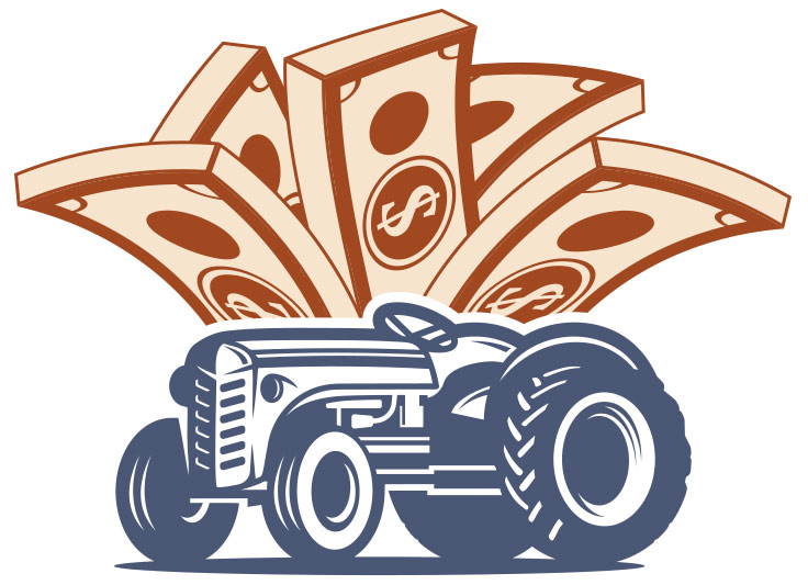 Graphic showing a blue tractor with bundles of money behind it