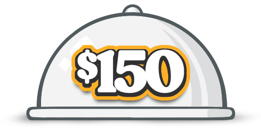 Tray_150 Image of a food tray with $150 on it representing one of the prizes from our Giant Feast Giveaway