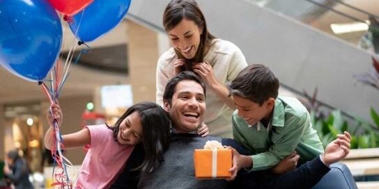 Fathers Day Gifts with Family and Kids Happy Present and Balloons